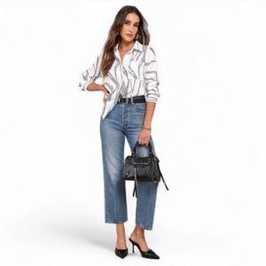 Abstract Artist Black and White Print Long Sleeve Button-Up Top